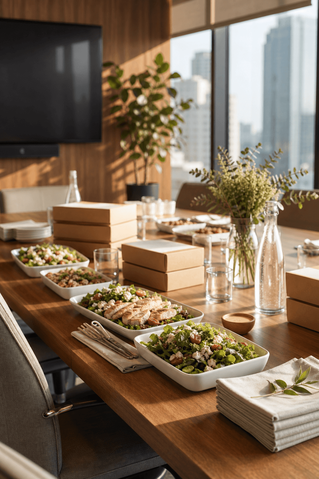 Corporate catering setup in a boardroom for a business meeting