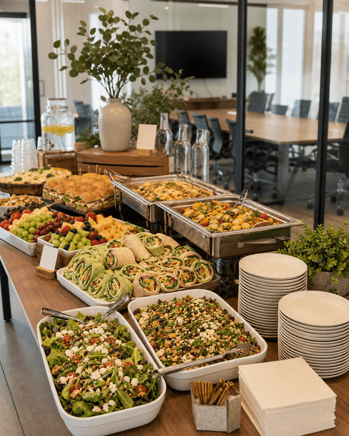 Buffet-style corporate catering spread set up in a modern office conference room